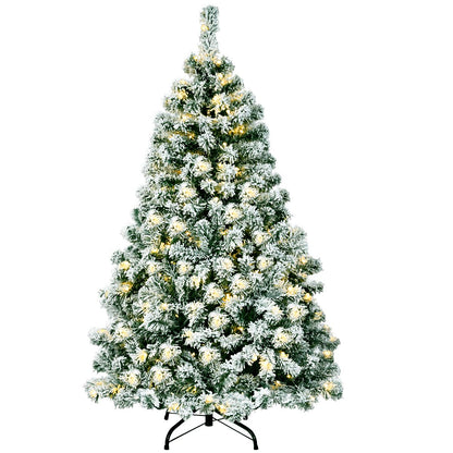 Sapin De Noël Artificiel 135 Cm Sapin Enneigé Avec 200 Lumières LED 400 Rameaux Et Support Métallique Pliable