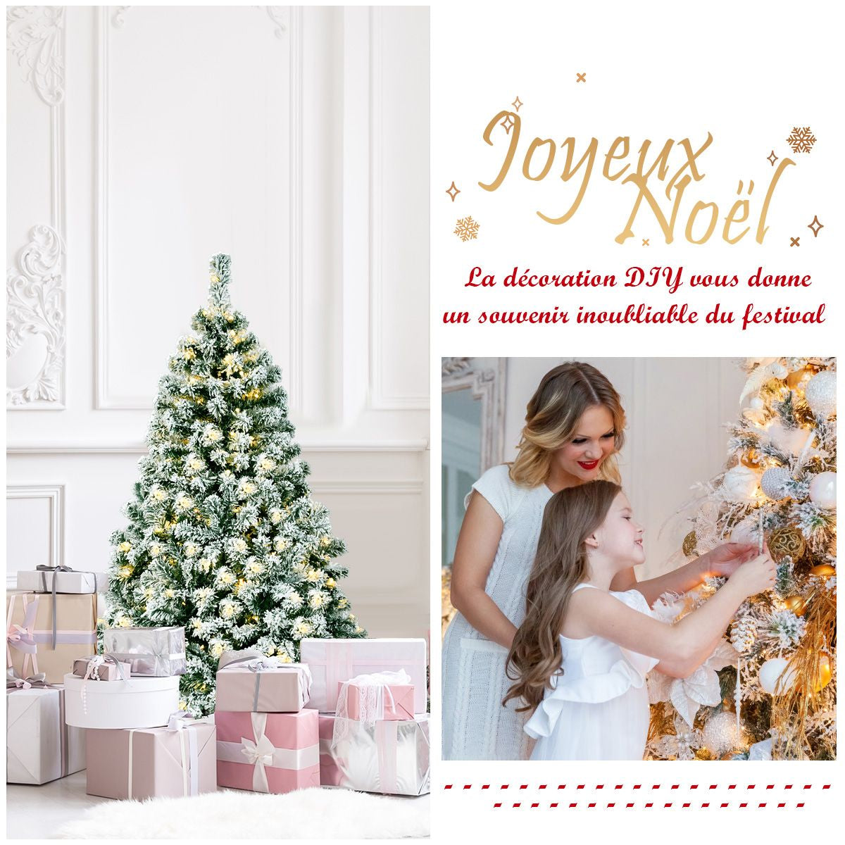 Sapin De Noël Artificiel 135 Cm Sapin Enneigé Avec 200 Lumières LED 400 Rameaux Et Support Métallique Pliable