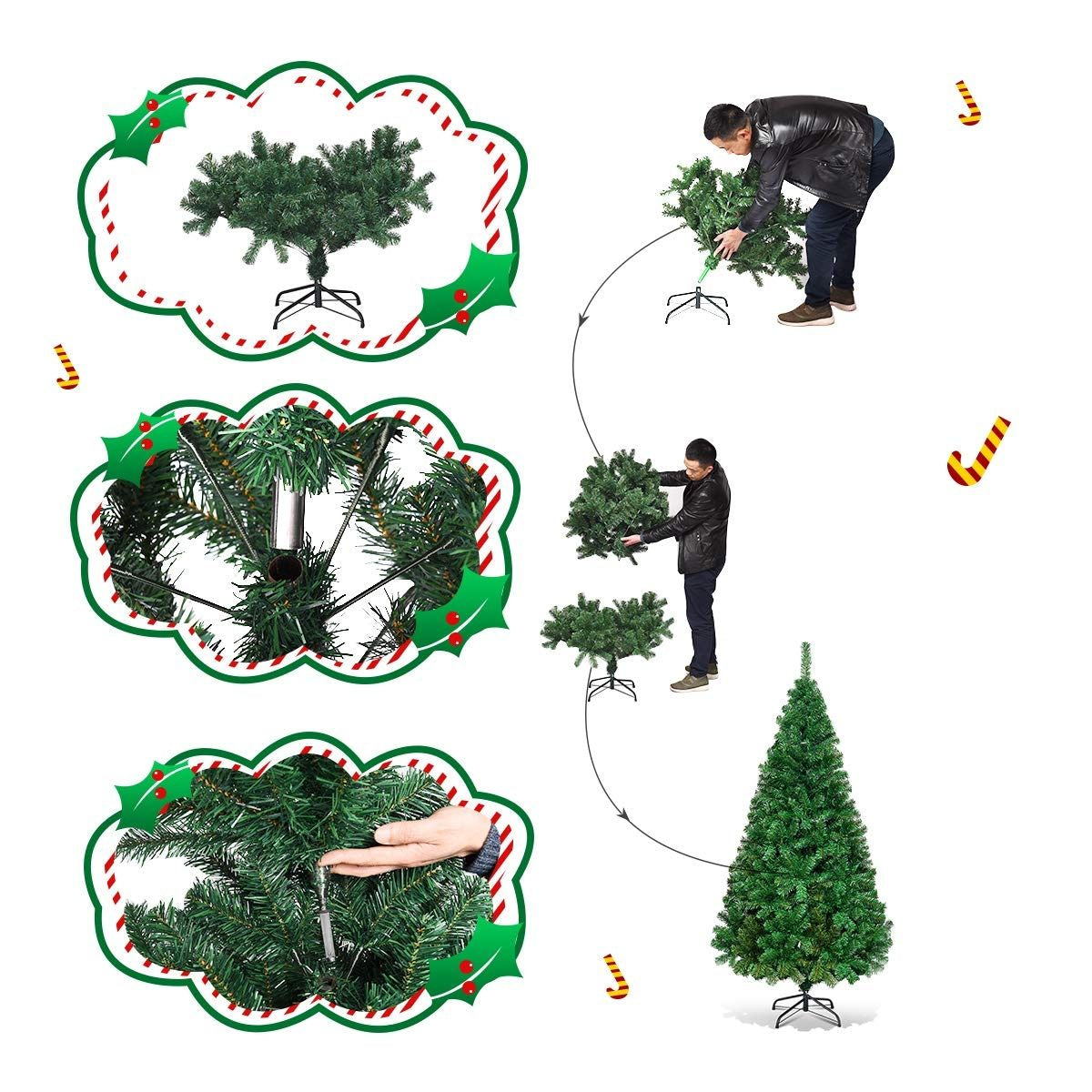 Sapin De Noël Artificiel 150 CM Matériau PVC Avec Pied En Métal Excellente Stabilité Peu Encombrant, 350 Branches, Vert