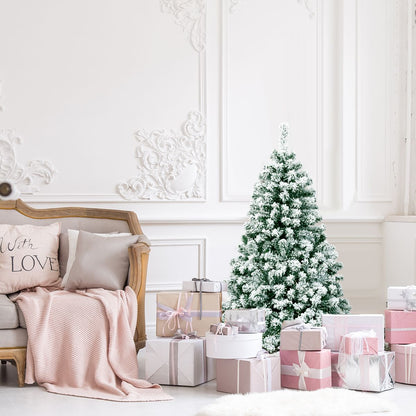 Sapin De Noël Artificiel 135 Cm Sapin Enneigé Avec 200 Lumières LED 400 Rameaux Et Support Métallique Pliable