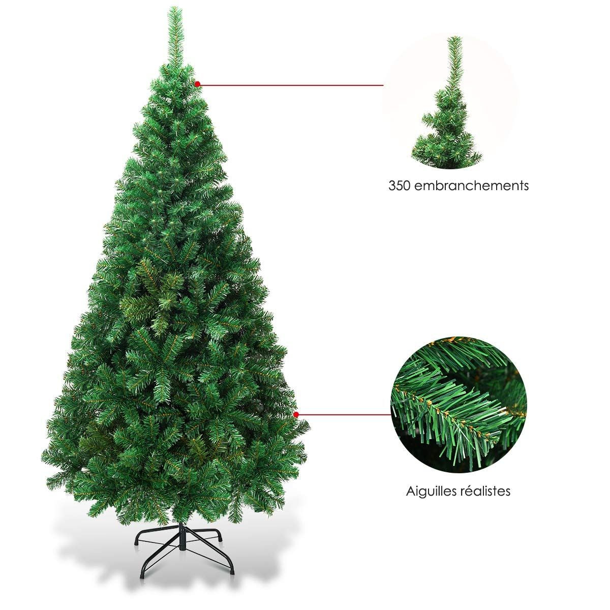 Sapin De Noël Artificiel 150 CM Matériau PVC Avec Pied En Métal Excellente Stabilité Peu Encombrant, 350 Branches, Vert