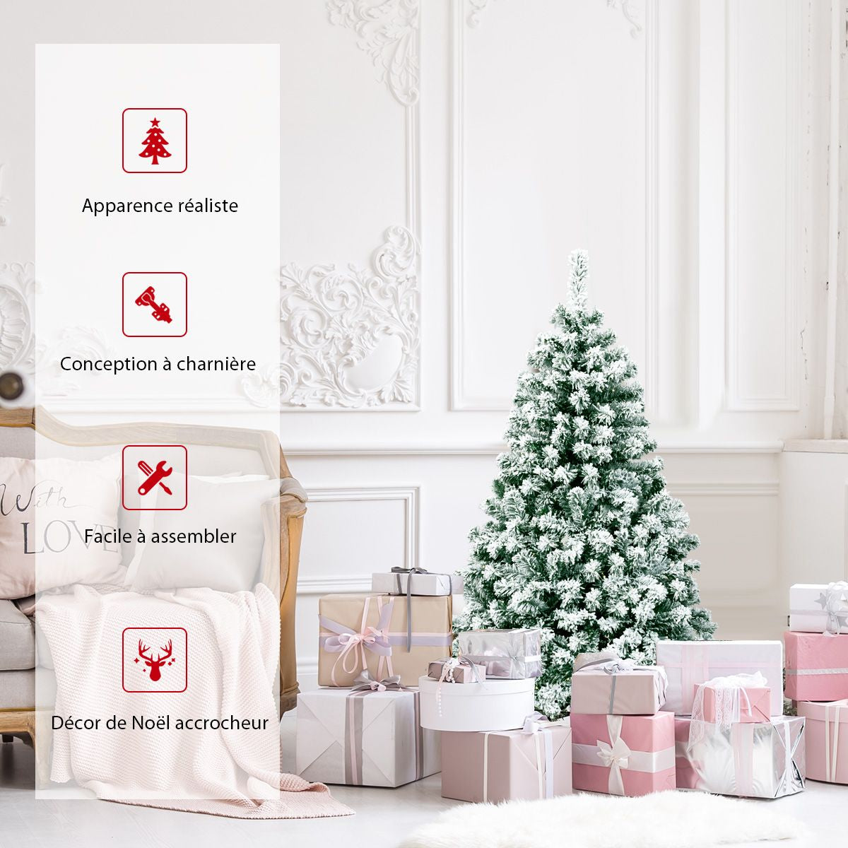 Sapin De Noël Artificiel 135 Cm Sapin Enneigé Avec 200 Lumières LED 400 Rameaux Et Support Métallique Pliable